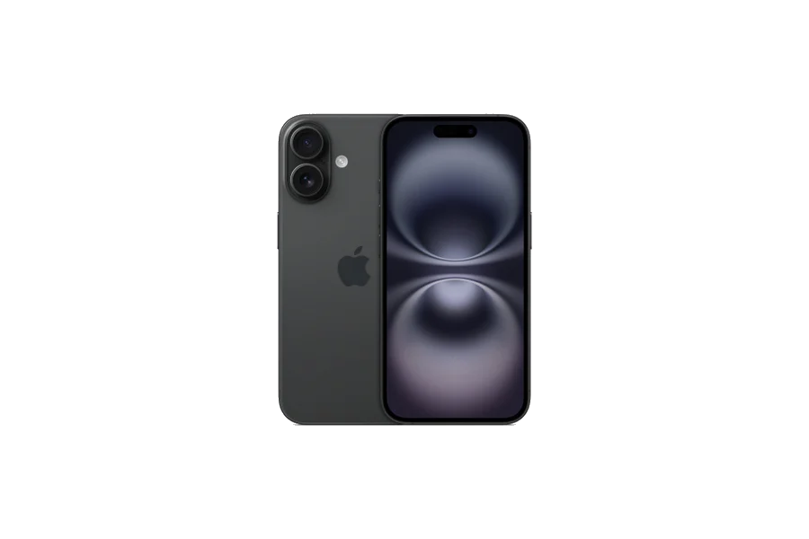 Apple iPhone 16 i svart, fram- och baksida
